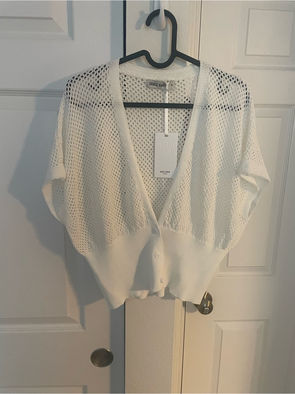 Grace Karin White Open-Weave V-Neck Button Front Cardigan